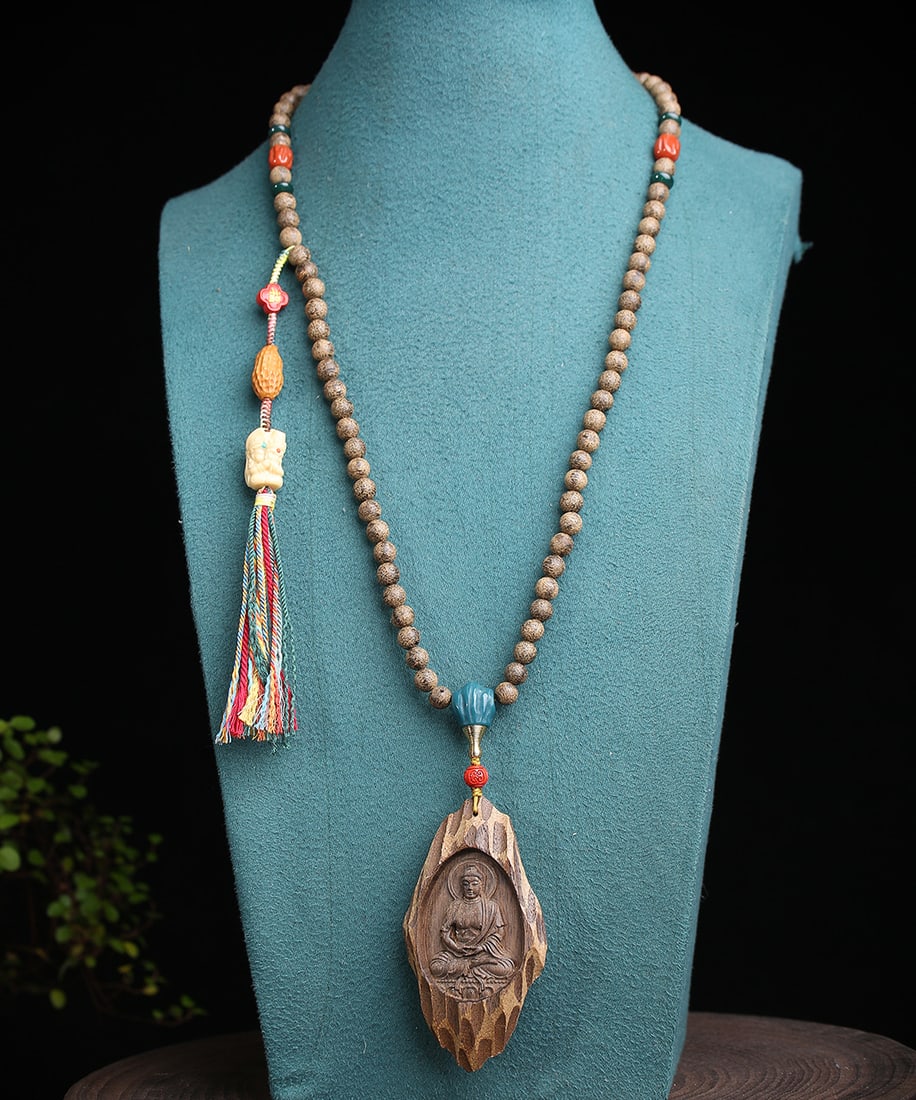 Chenxiang Wood Hand Carved Buddha Pendant w Necklace - 6