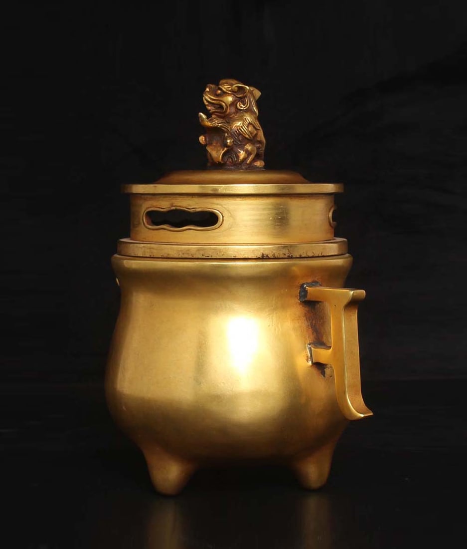 Vintage Gilt Gold Red Copper Double Ear Incense Burner Lion - 2