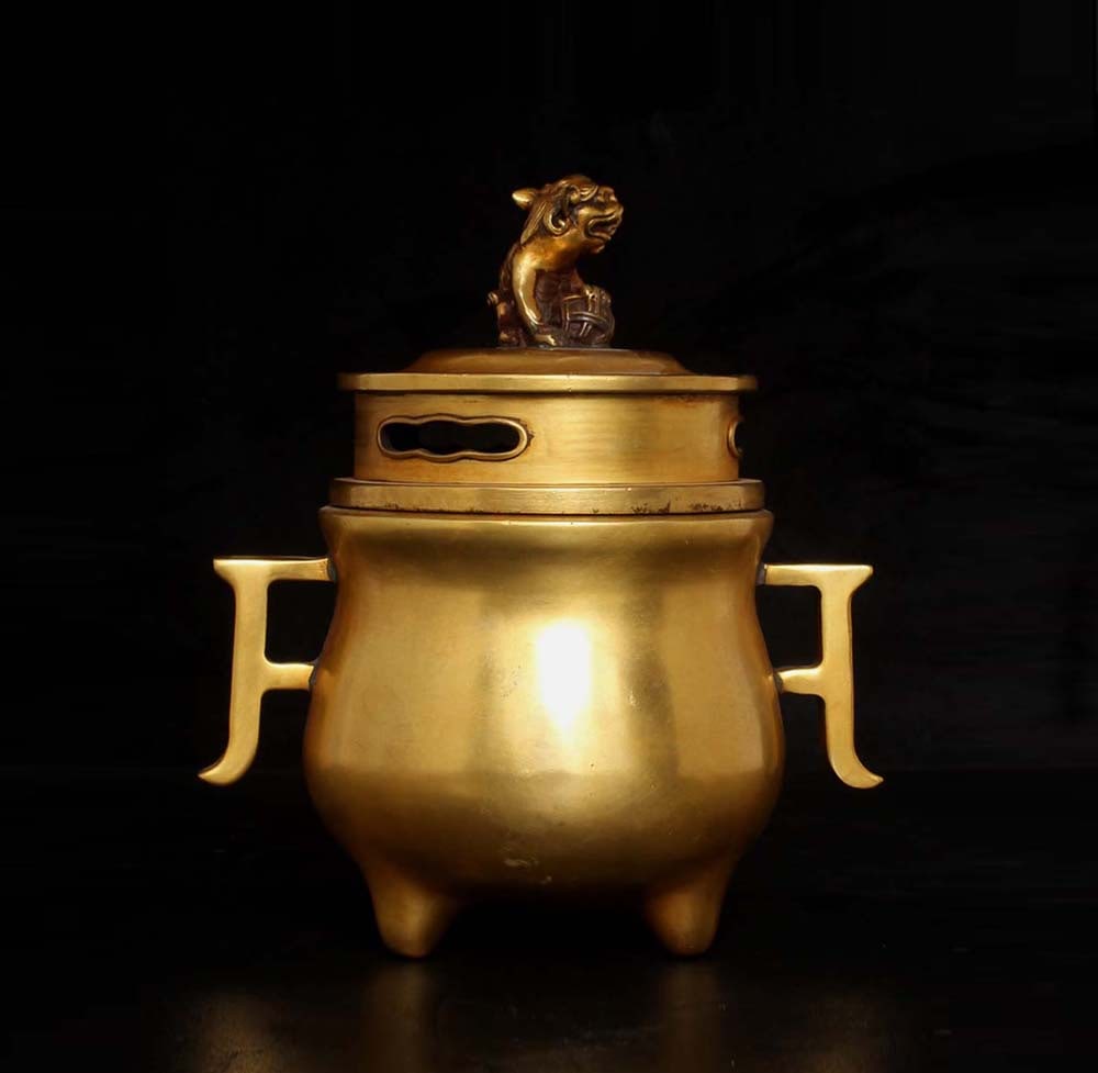 Vintage Gilt Gold Red Copper Double Ear Incense Burner Lion - 3