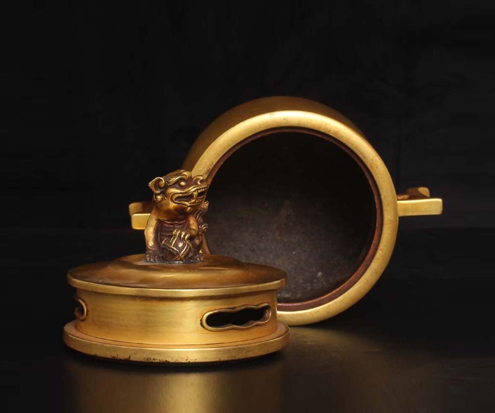 Vintage Gilt Gold Red Copper Double Ear Incense Burner Lion - 4