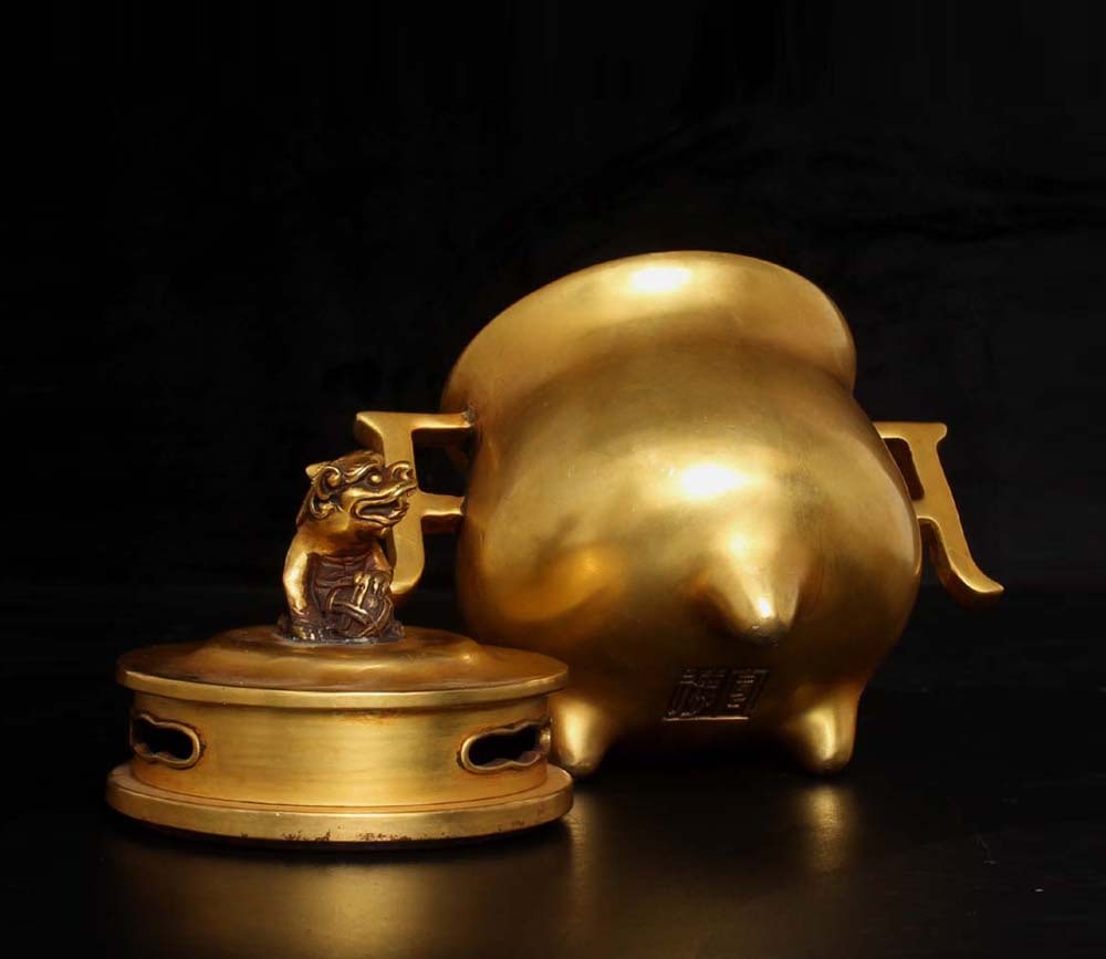 Vintage Gilt Gold Red Copper Double Ear Incense Burner Lion - 5