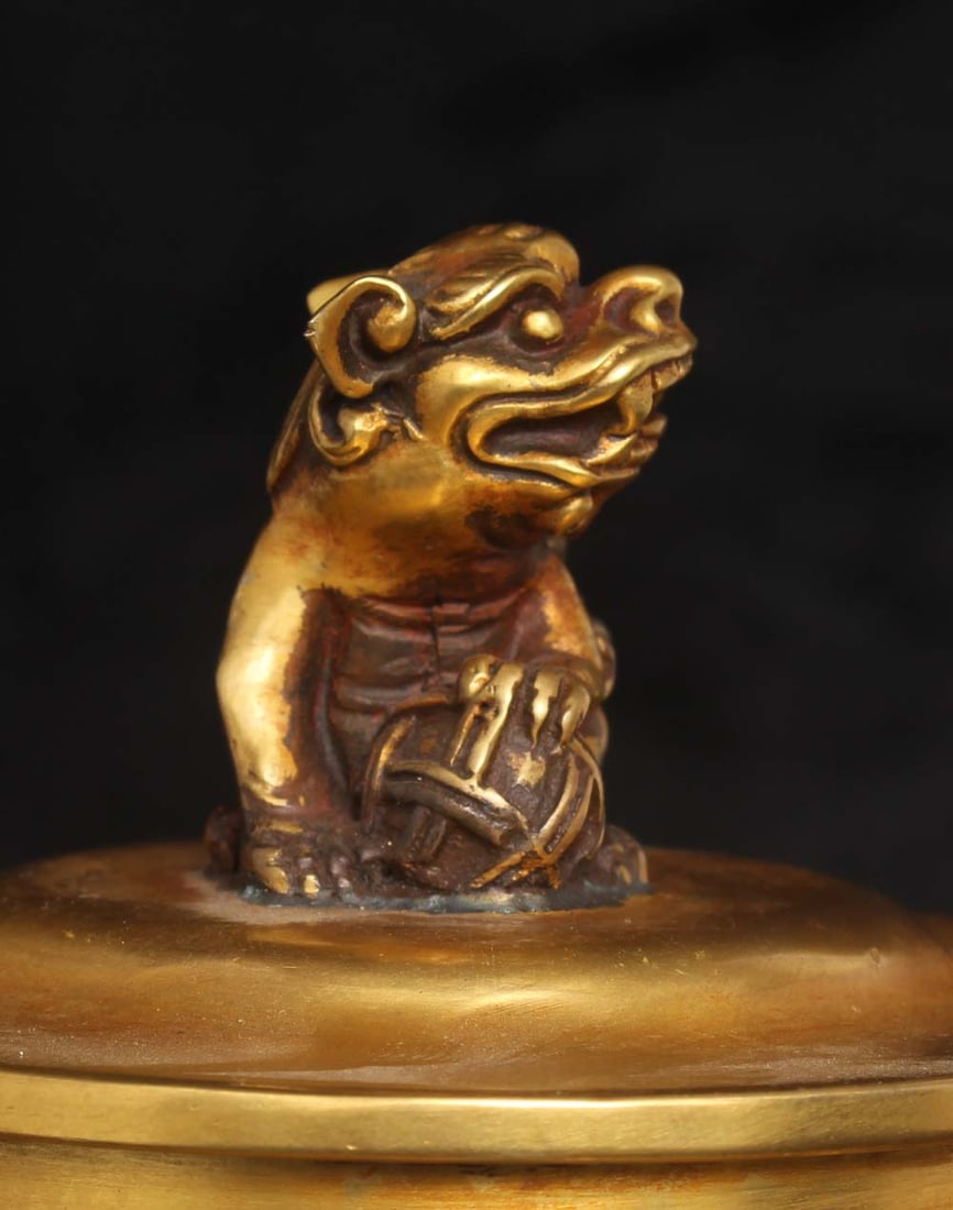 Vintage Gilt Gold Red Copper Double Ear Incense Burner Lion - 6