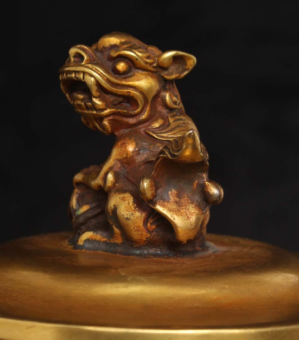 Vintage Gilt Gold Red Copper Double Ear Incense Burner Lion - 7