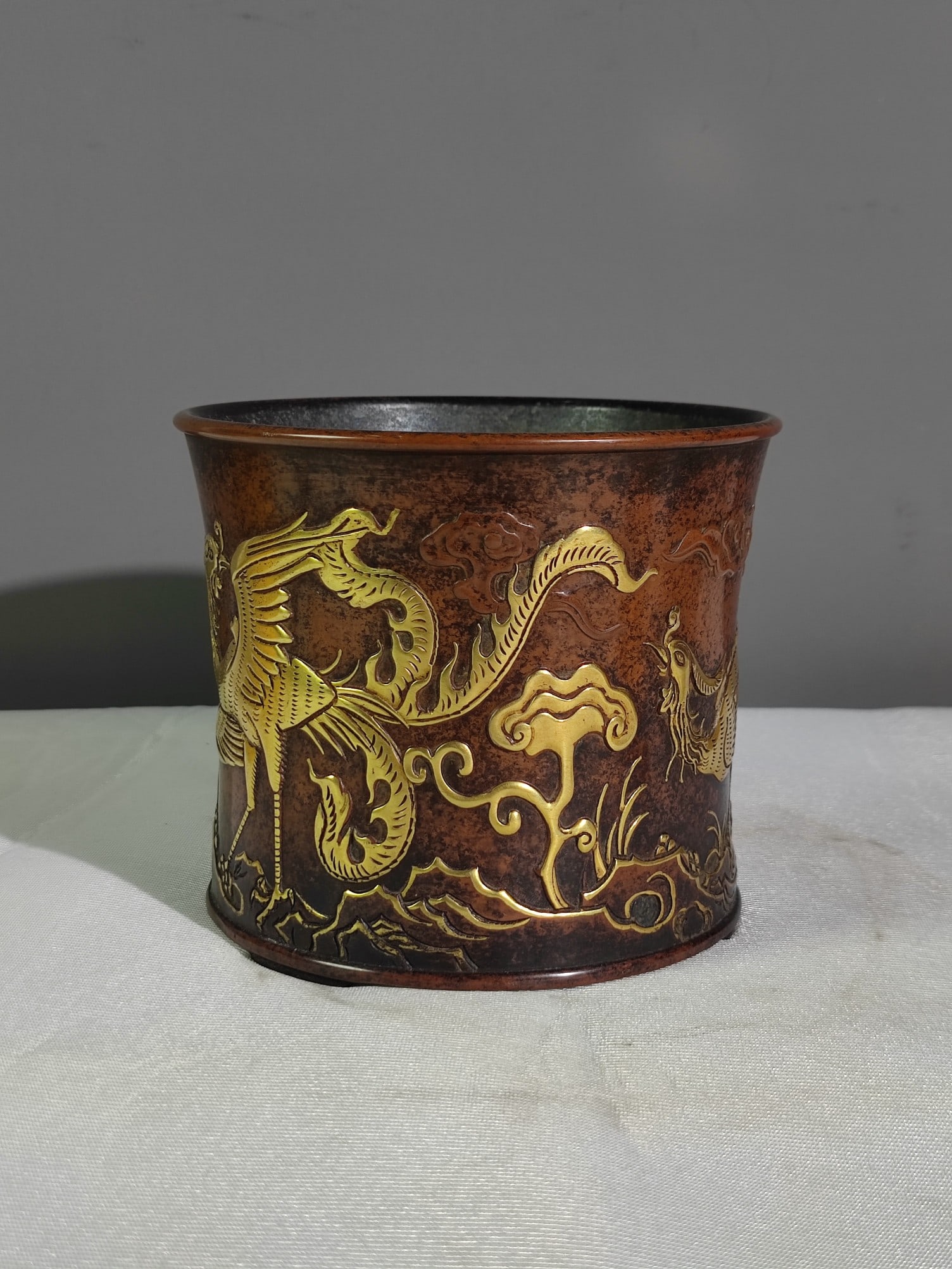 Old Gilt Gold Red Copper Phoenix Brush Pot - 2
