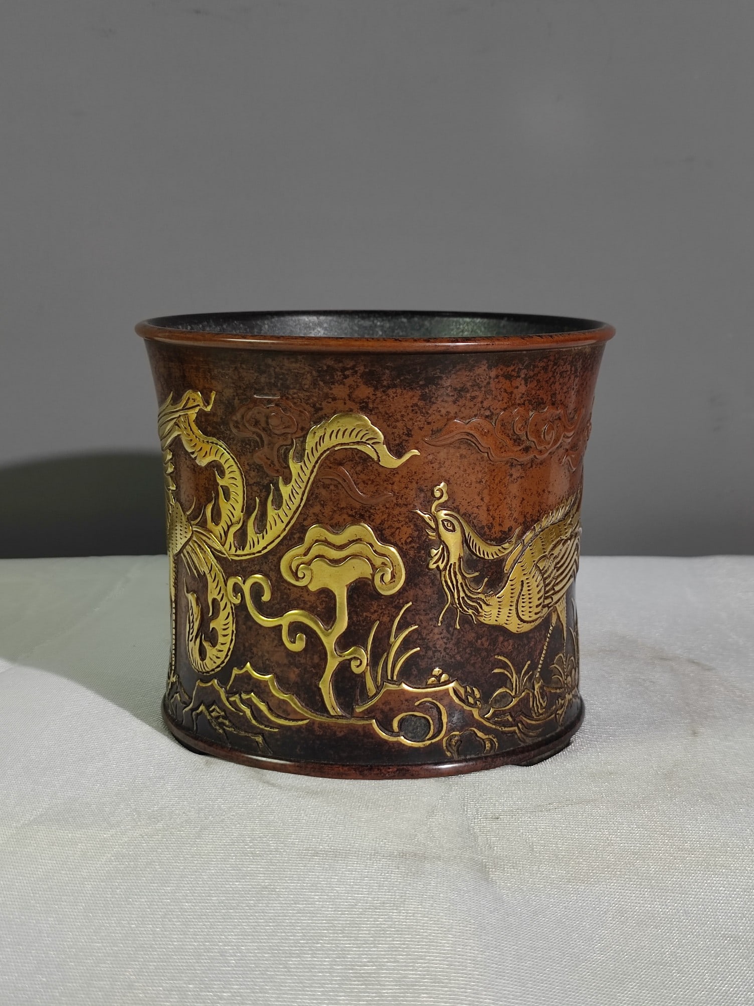 Old Gilt Gold Red Copper Phoenix Brush Pot - 3