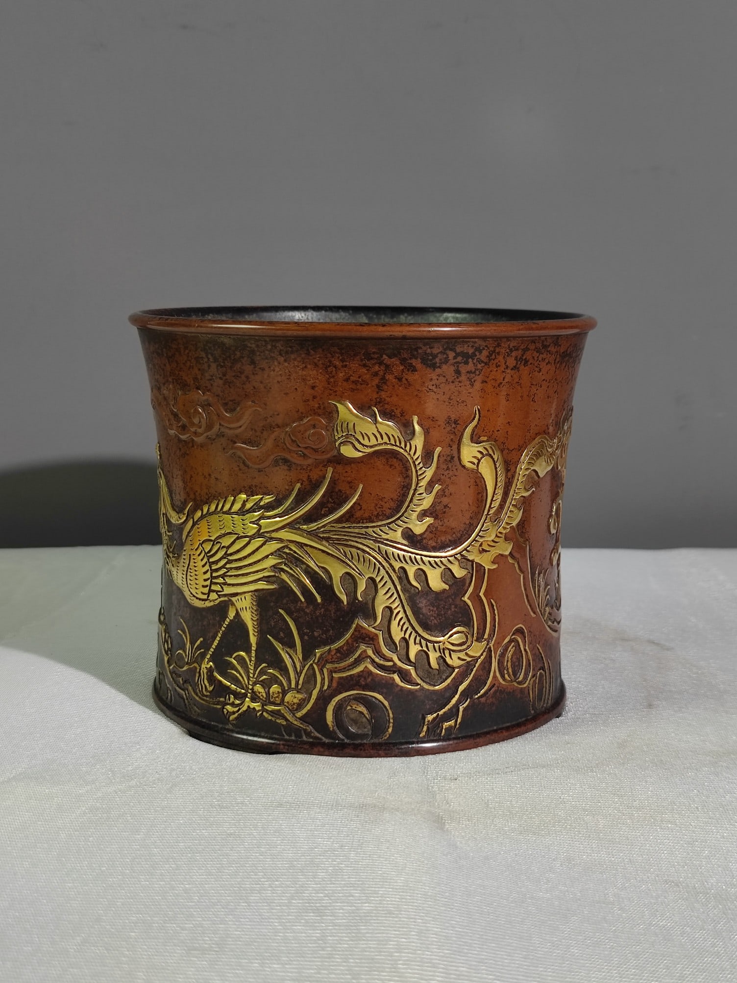Old Gilt Gold Red Copper Phoenix Brush Pot - 4