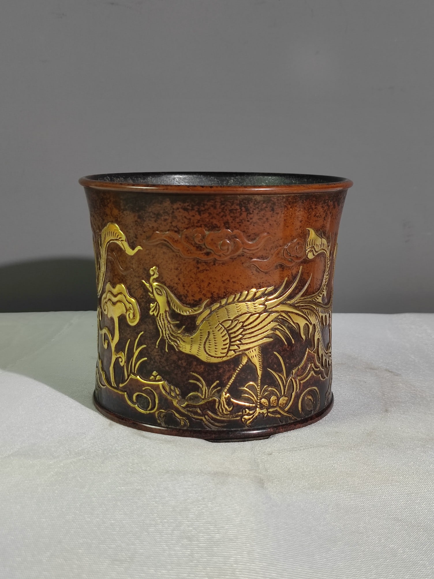 Old Gilt Gold Red Copper Phoenix Brush Pot - 5