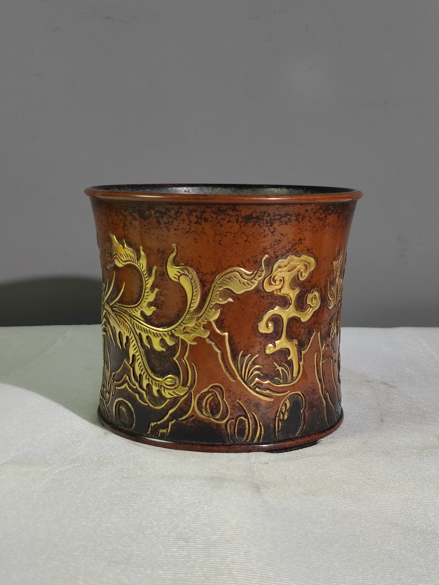Old Gilt Gold Red Copper Phoenix Brush Pot - 6
