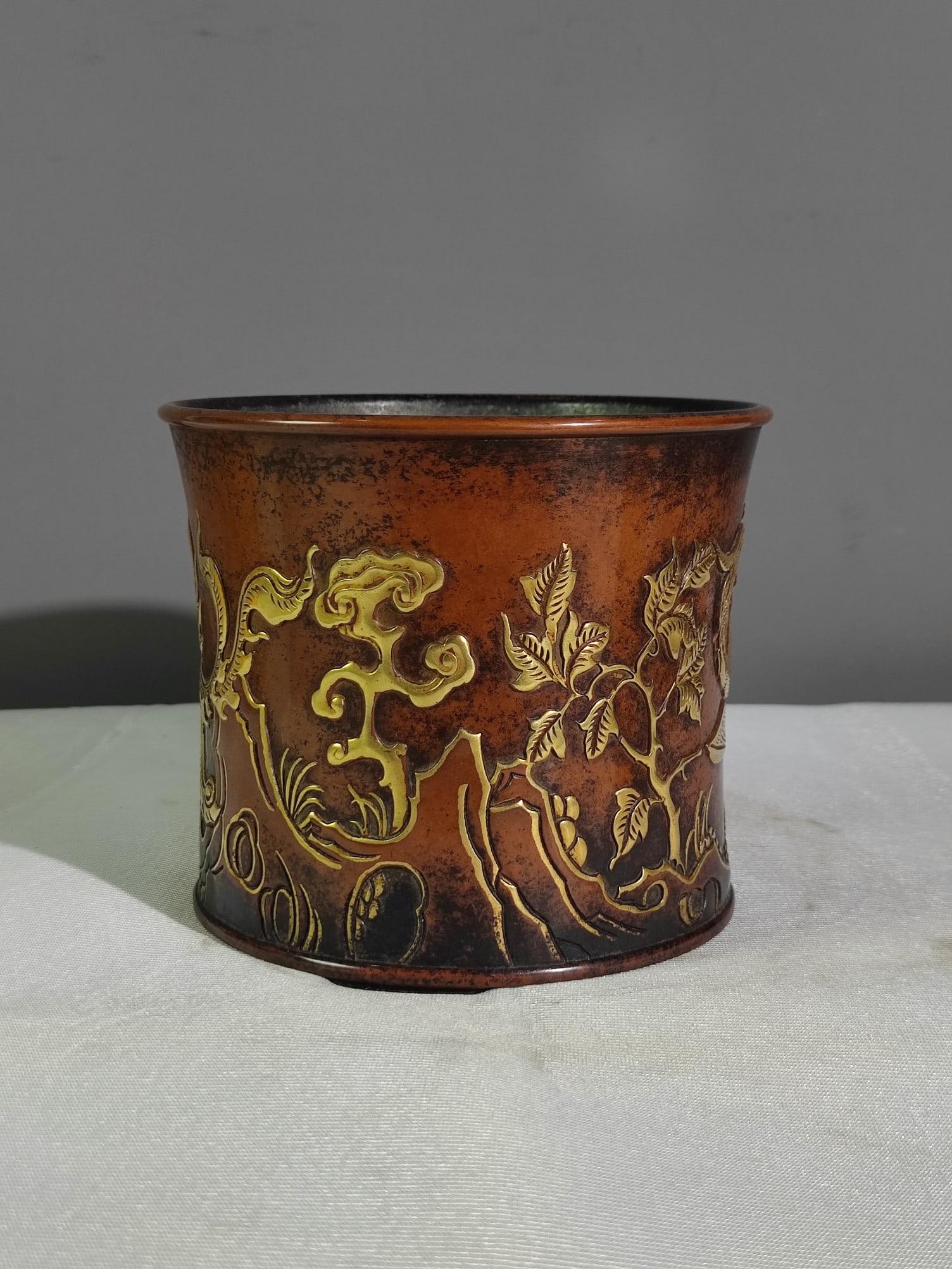 Old Gilt Gold Red Copper Phoenix Brush Pot - 7