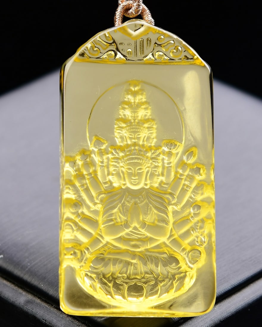 Yellow Crystal Carved Thousands Hands Guanyin Pendant - 2