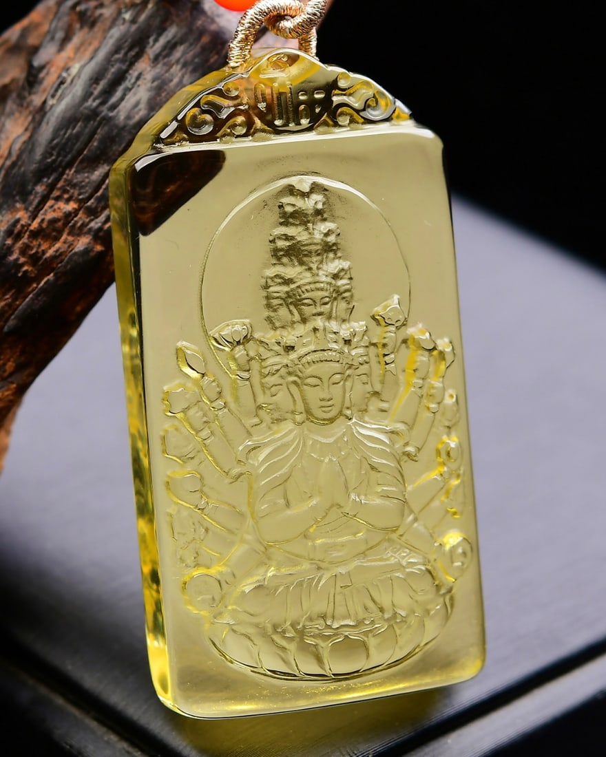 Yellow Crystal Carved Thousands Hands Guanyin Pendant - 3