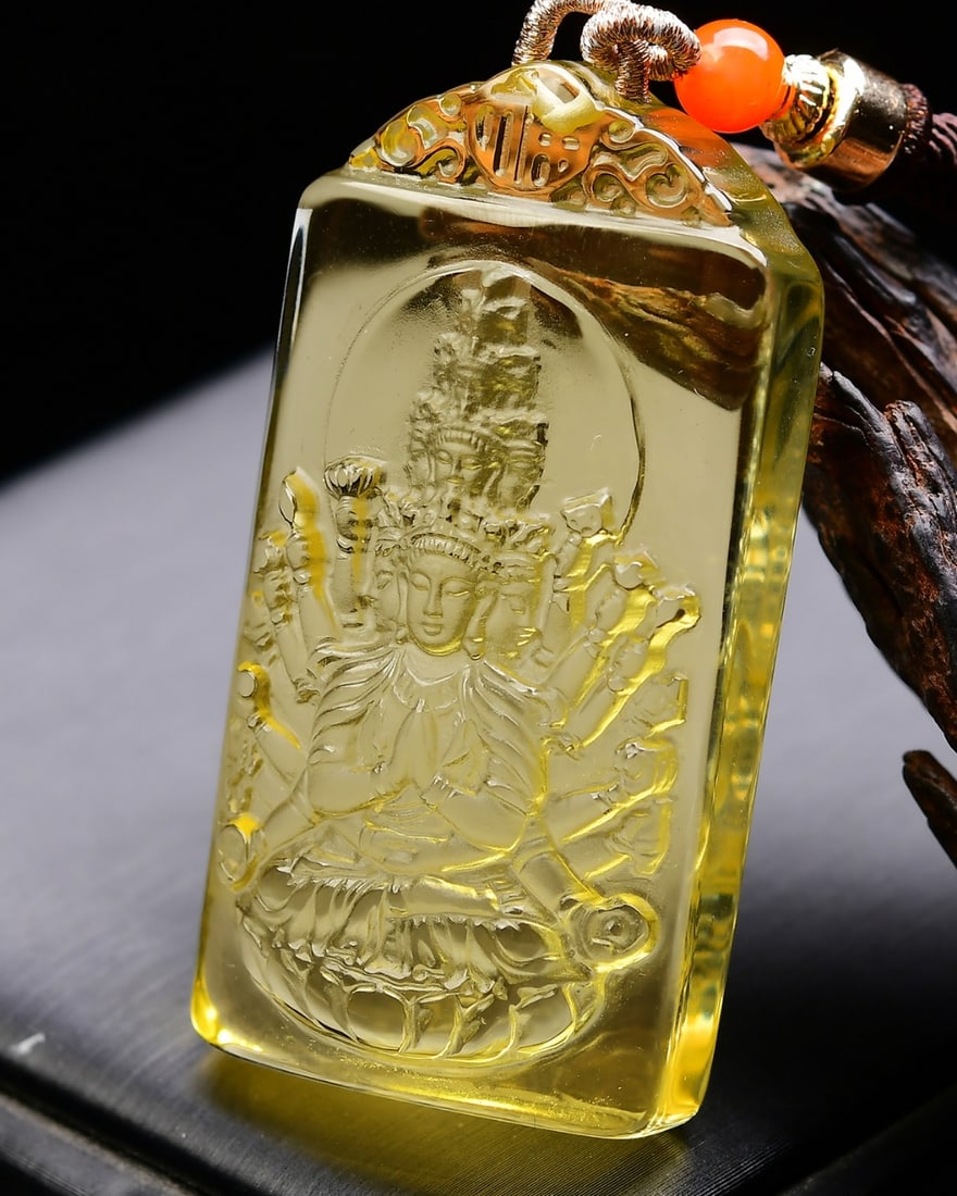 Yellow Crystal Carved Thousands Hands Guanyin Pendant - 4