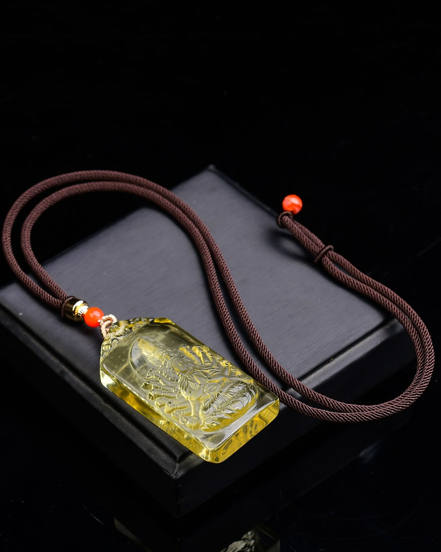 Yellow Crystal Carved Thousands Hands Guanyin Pendant - 5