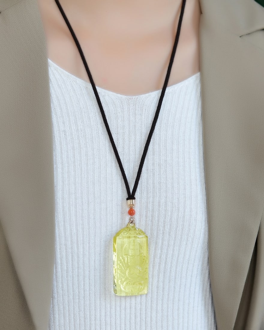 Yellow Crystal Carved Thousands Hands Guanyin Pendant - 6