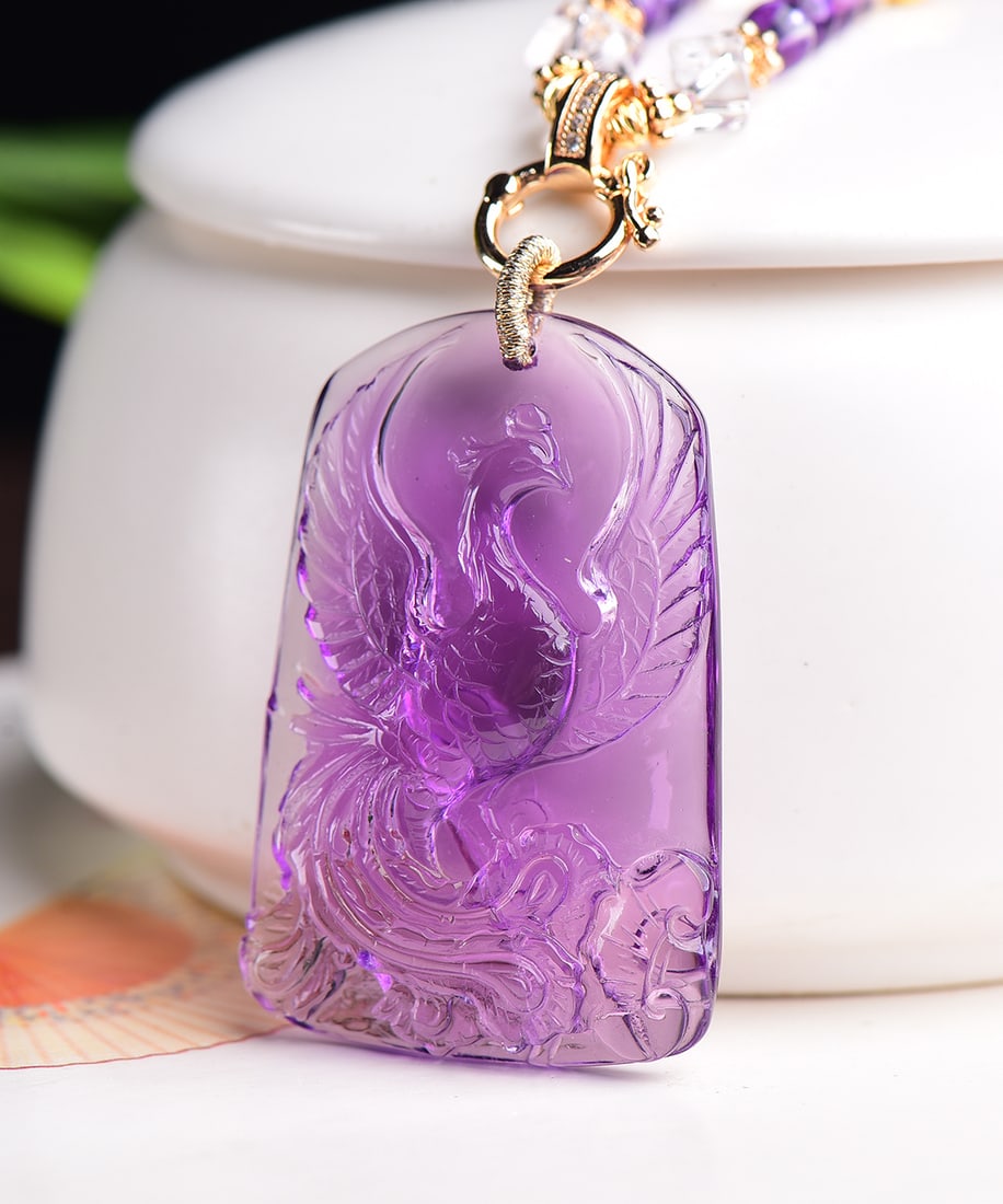Natural Amethyst Hand Carved Phoenix Pendant - 2