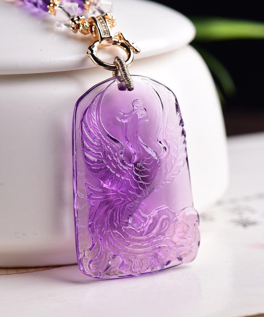 Natural Amethyst Hand Carved Phoenix Pendant - 3