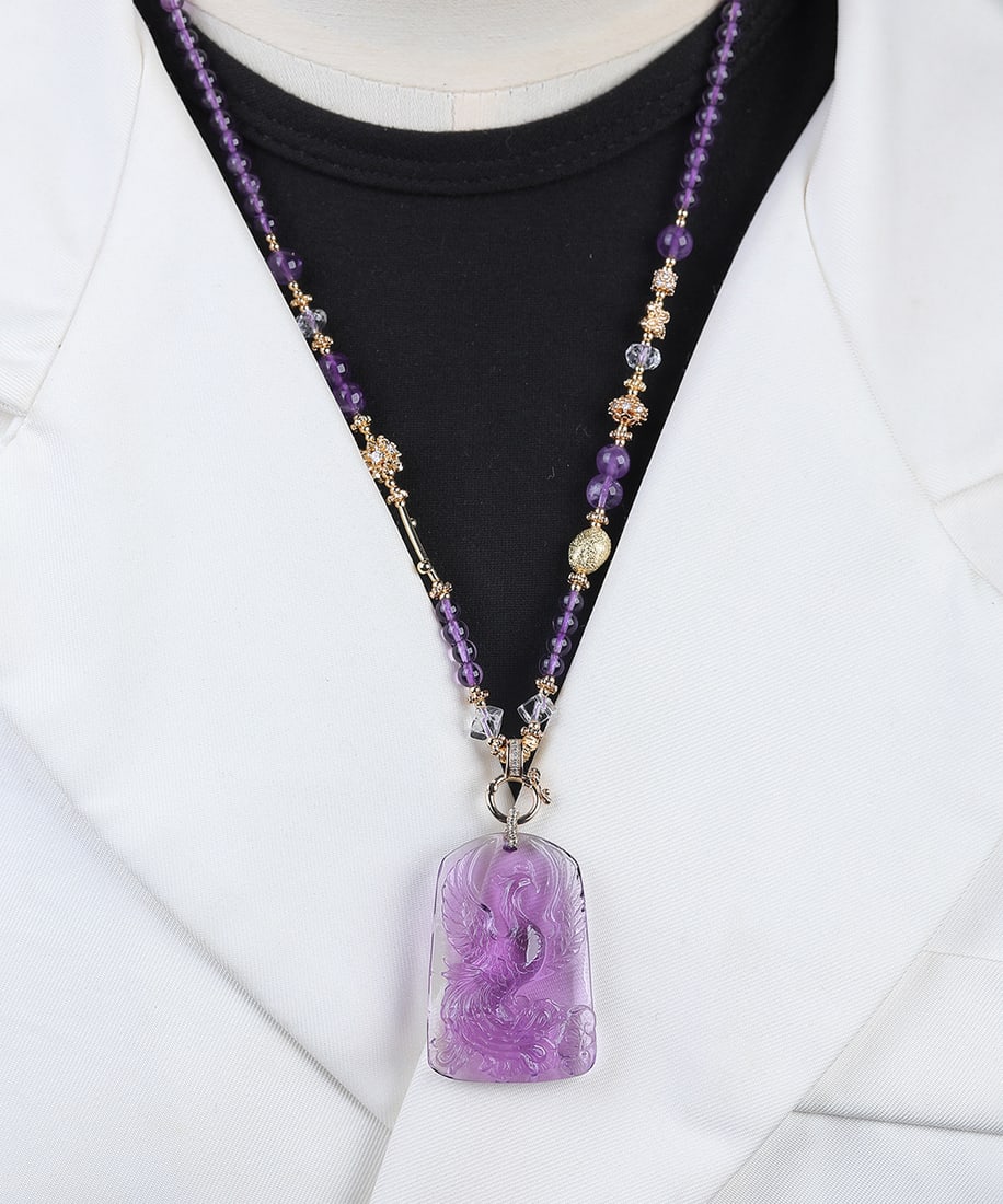 Natural Amethyst Hand Carved Phoenix Pendant - 4