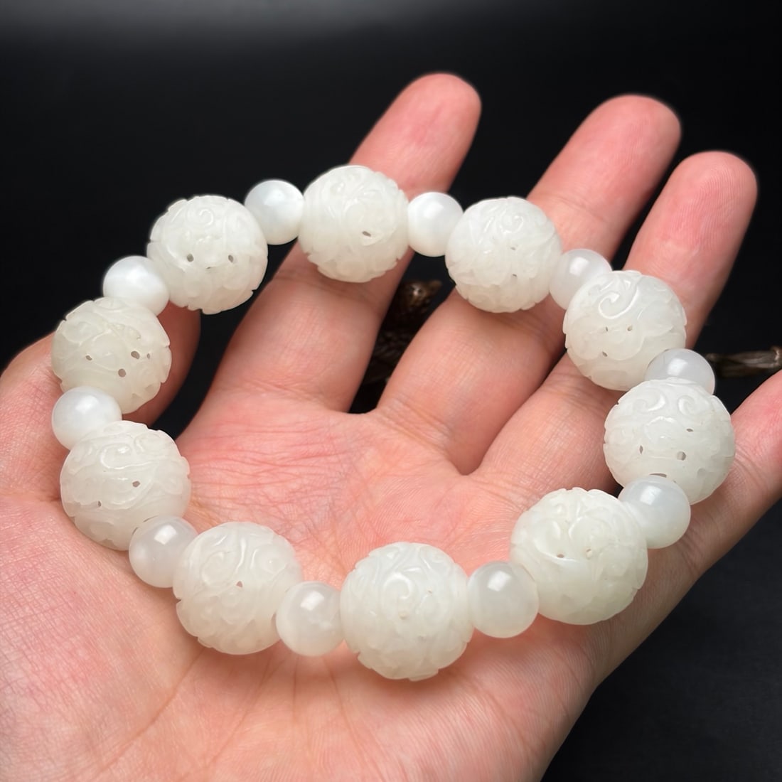 Openwork Hetian Jade Beads Bracelet - 9