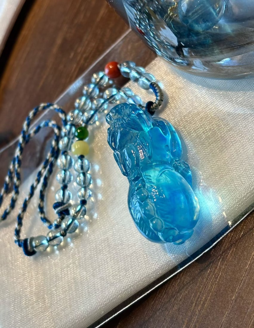 Natural Aquamarine Hand Carved Pixiu Pendant - 3