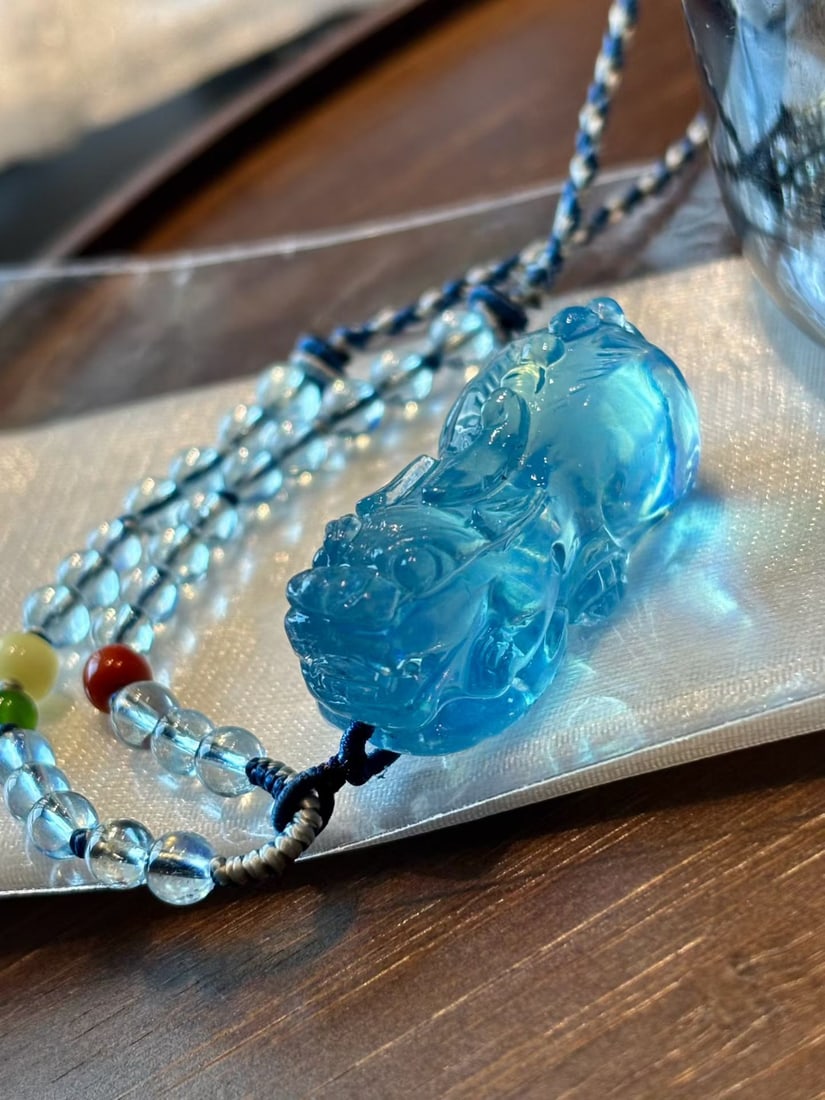 Natural Aquamarine Hand Carved Pixiu Pendant - 4