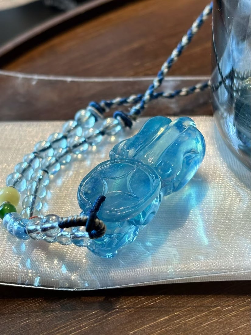 Natural Aquamarine Hand Carved Pixiu Pendant - 5