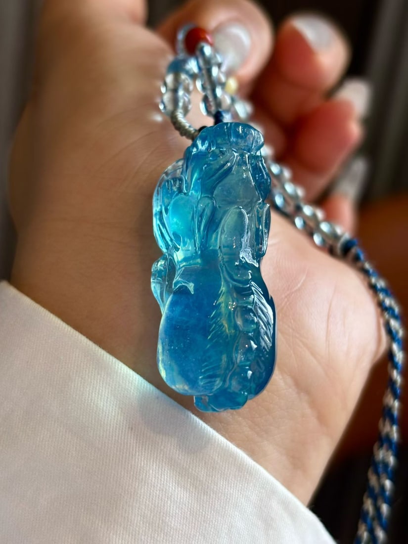 Natural Aquamarine Hand Carved Pixiu Pendant - 6