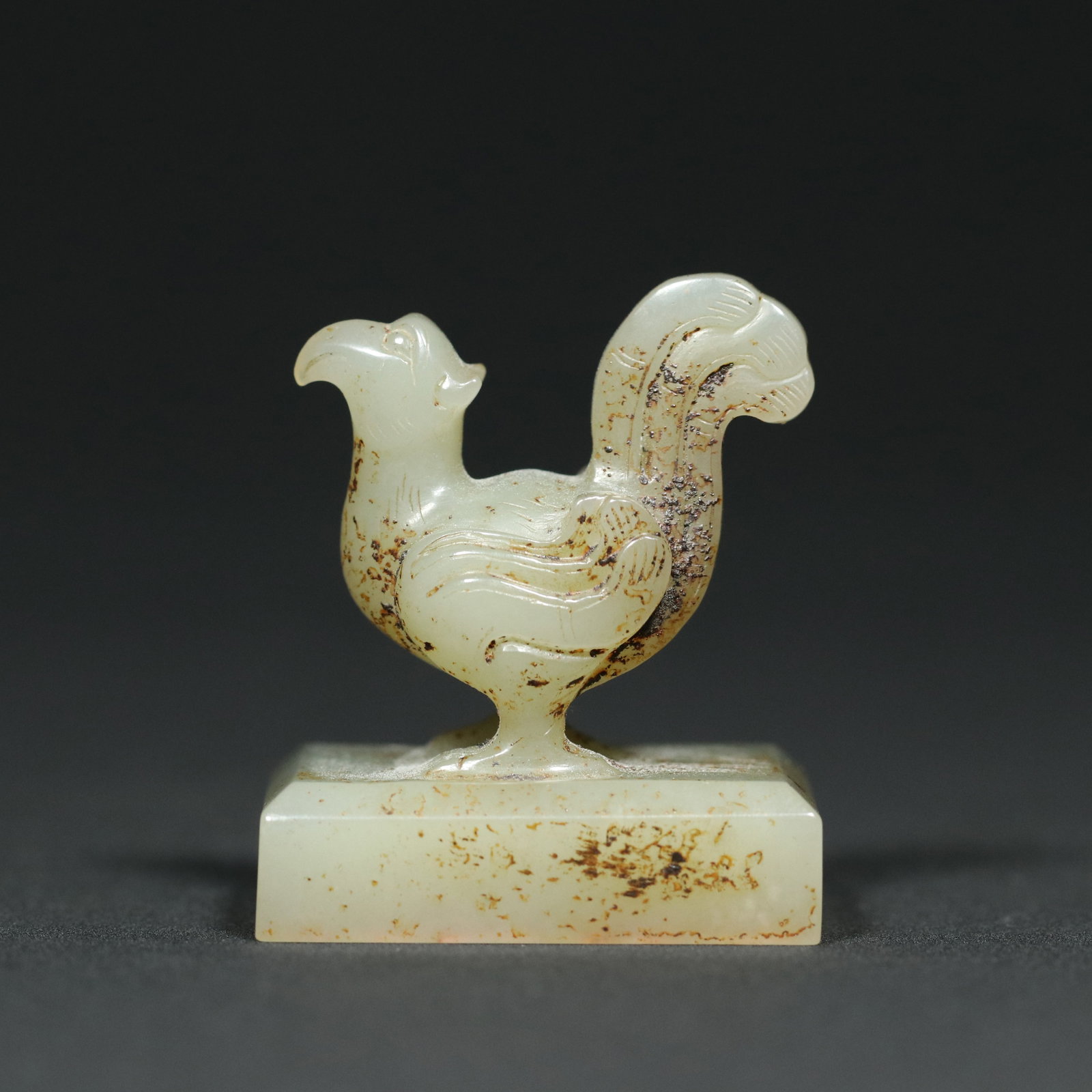 Vintage Hetian Jade Rooster Small Seal: Title: Old Hetian Jade Dragon Pendant Date/Period: After2119 Origin: Chinese Dimension: 59x80x25(mm) 2.32x3.15x0.98(inches) Weight 0.35 lbs/157g Materials: Hetian Jade Reserve: $450.00 Shipping: Domes