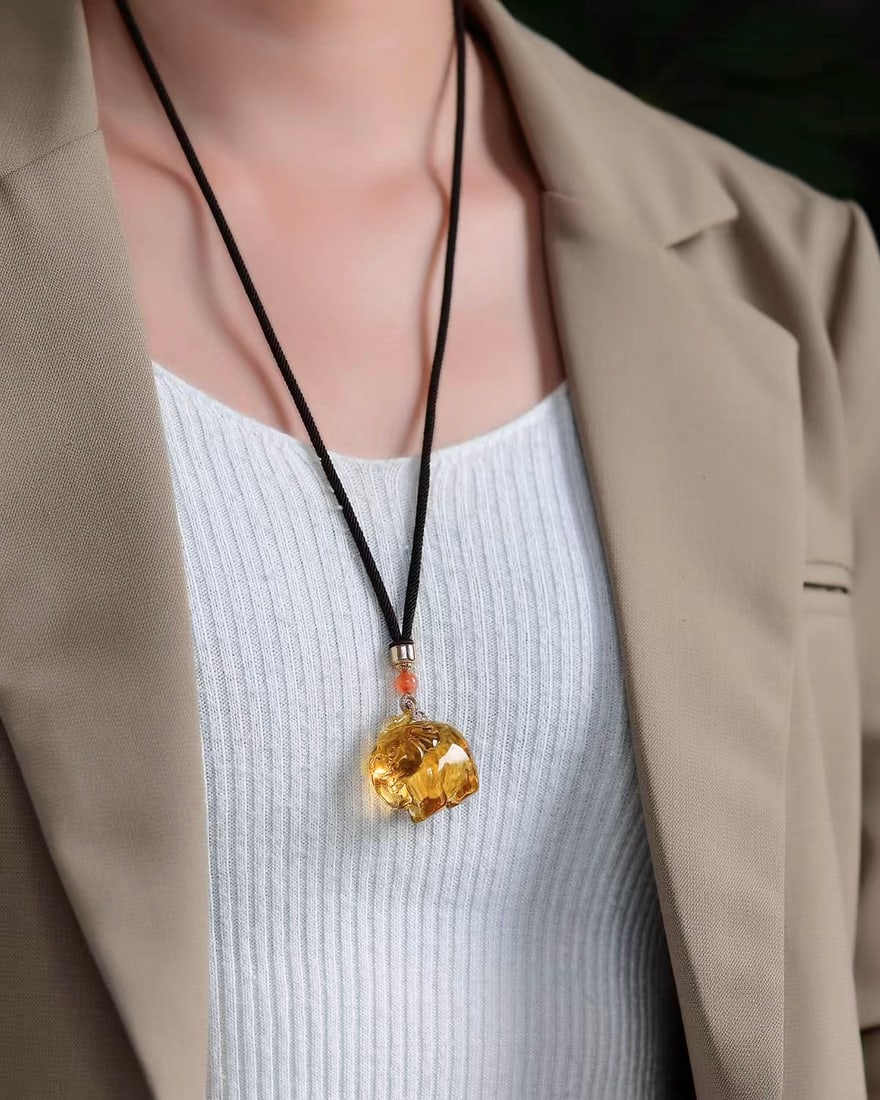 Natural Yellow Citrine Elephant Pendant - 6