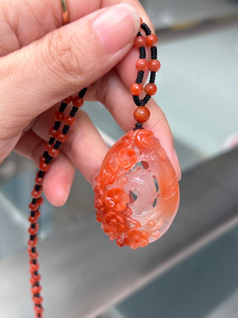 Natural Nanhong Agate Hand Carved Magpie and Plum Blossom Pendant - 4