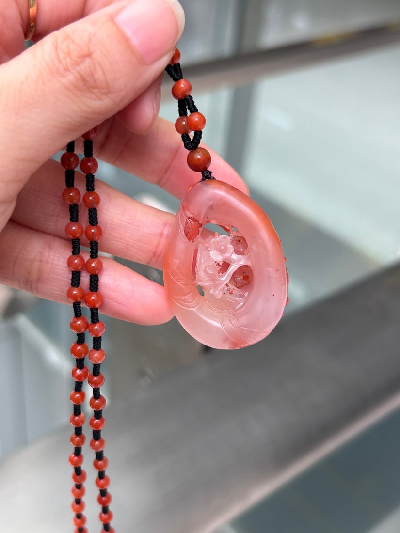 Natural Nanhong Agate Hand Carved Magpie and Plum Blossom Pendant - 5