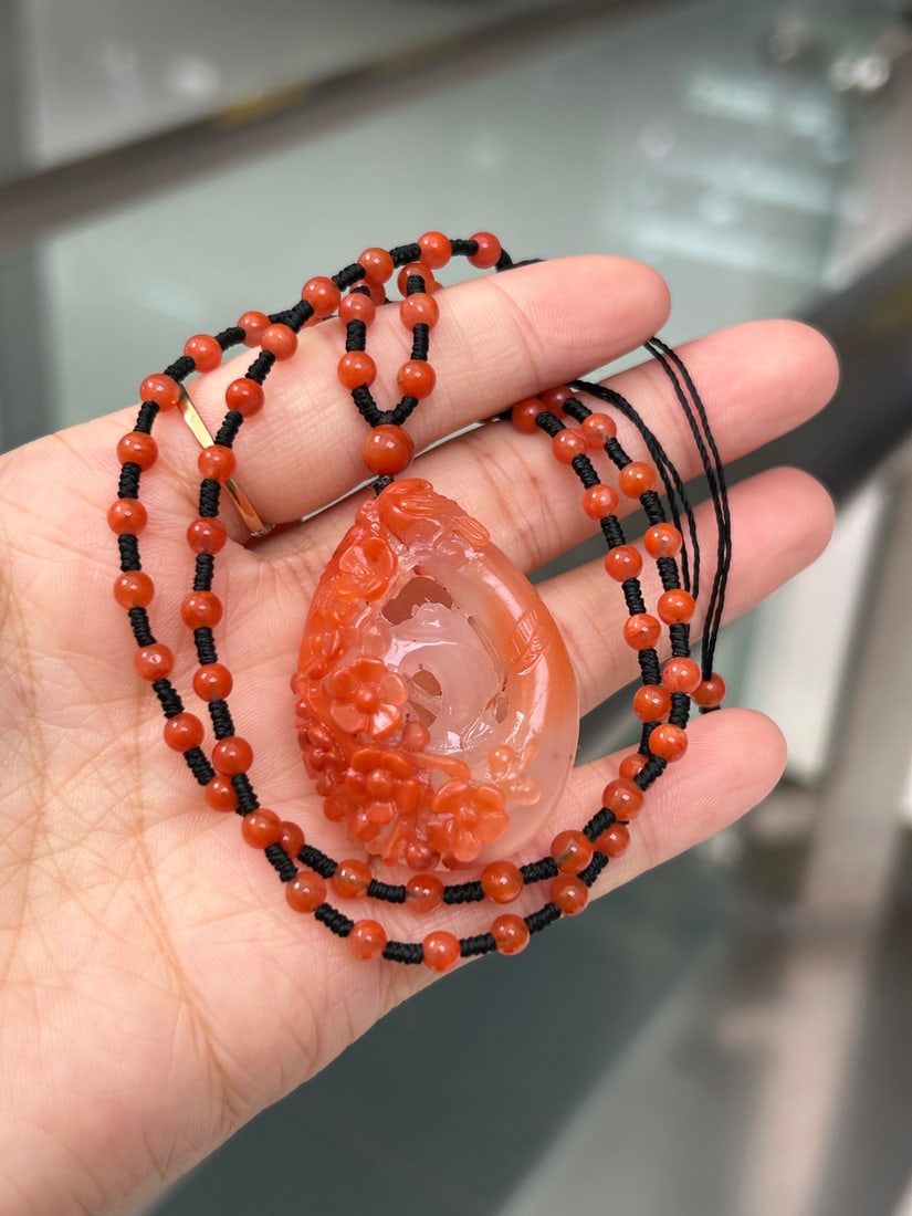 Natural Nanhong Agate Hand Carved Magpie and Plum Blossom Pendant - 6