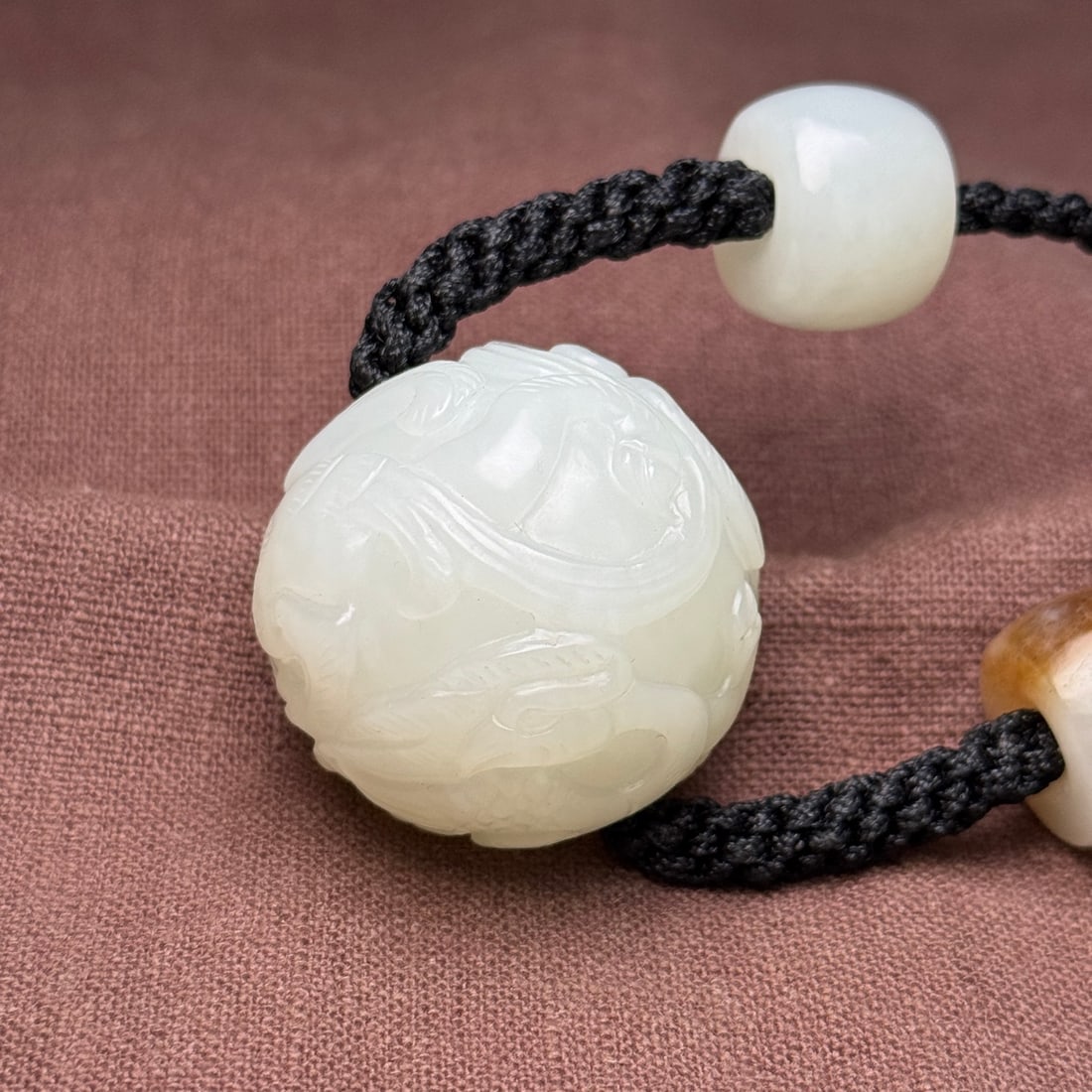 Old Hetian Jade Chi Dragon Ball Necklace - 4