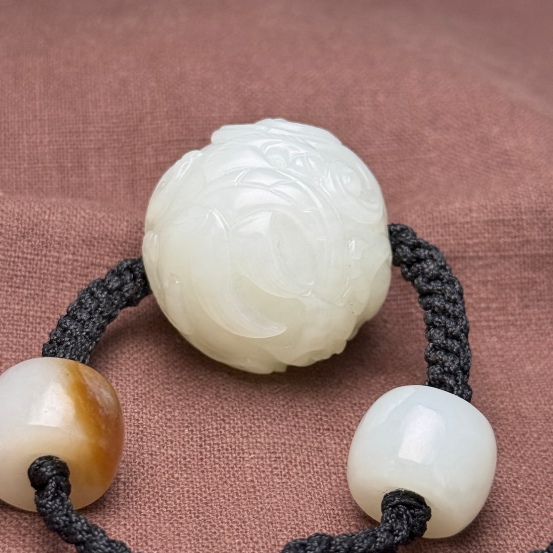 Old Hetian Jade Chi Dragon Ball Necklace - 5