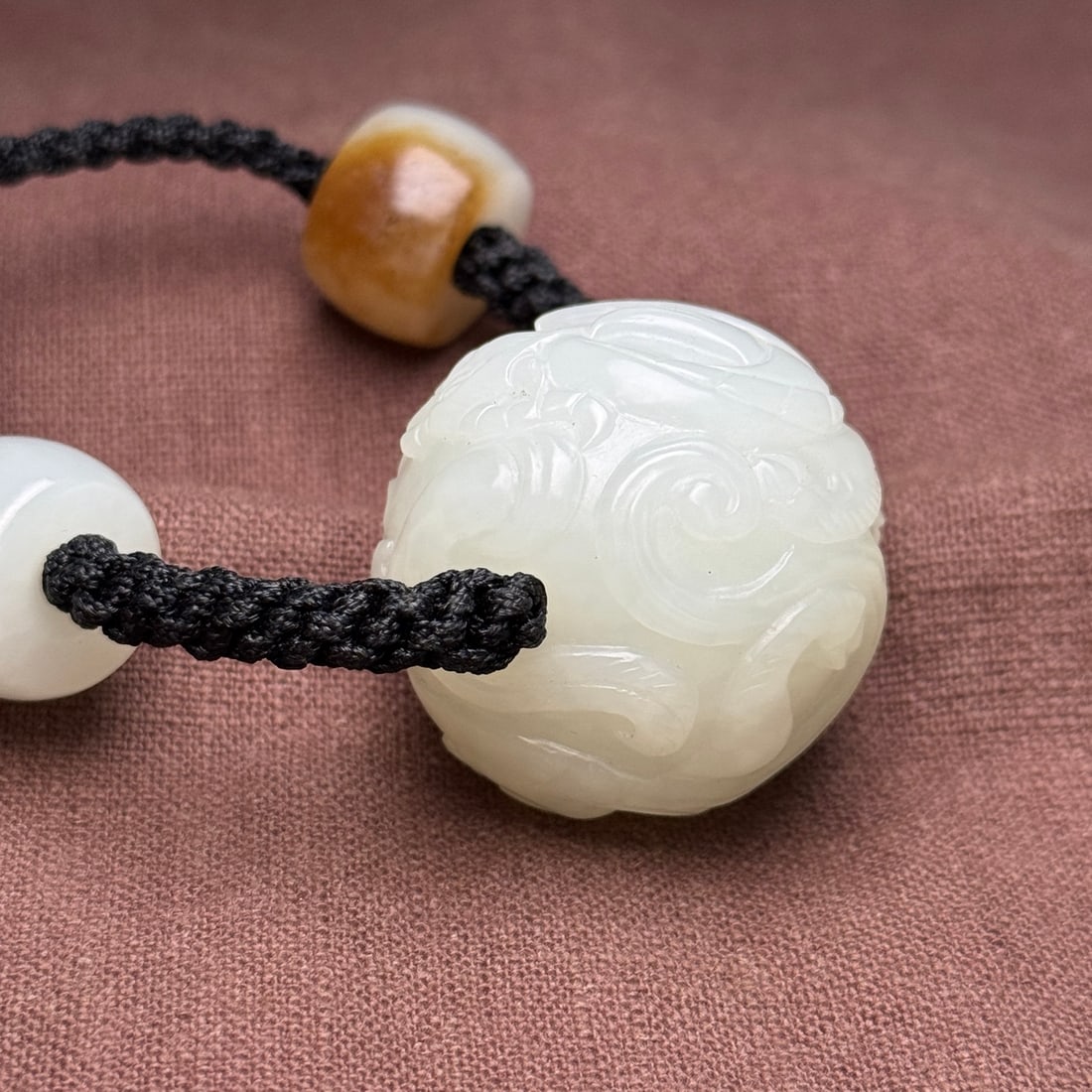 Old Hetian Jade Chi Dragon Ball Necklace - 6