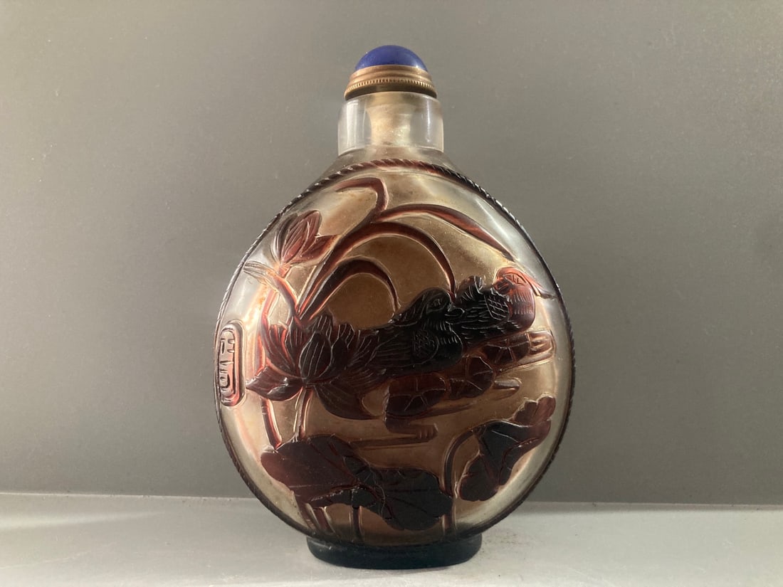 Vintage Peking Glass Snuff Bottle Mandarin duck Lotus (1 of 4)