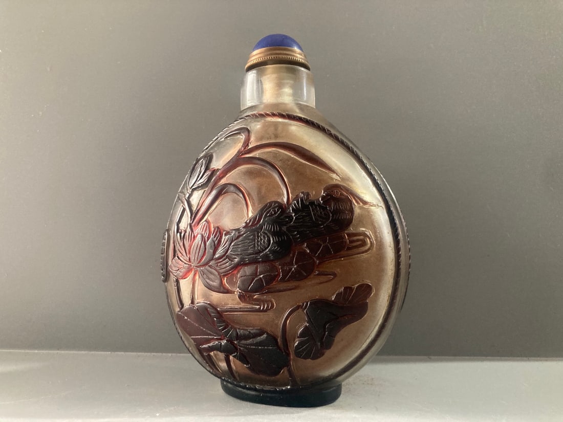 Vintage Peking Glass Snuff Bottle Mandarin duck Lotus - 2
