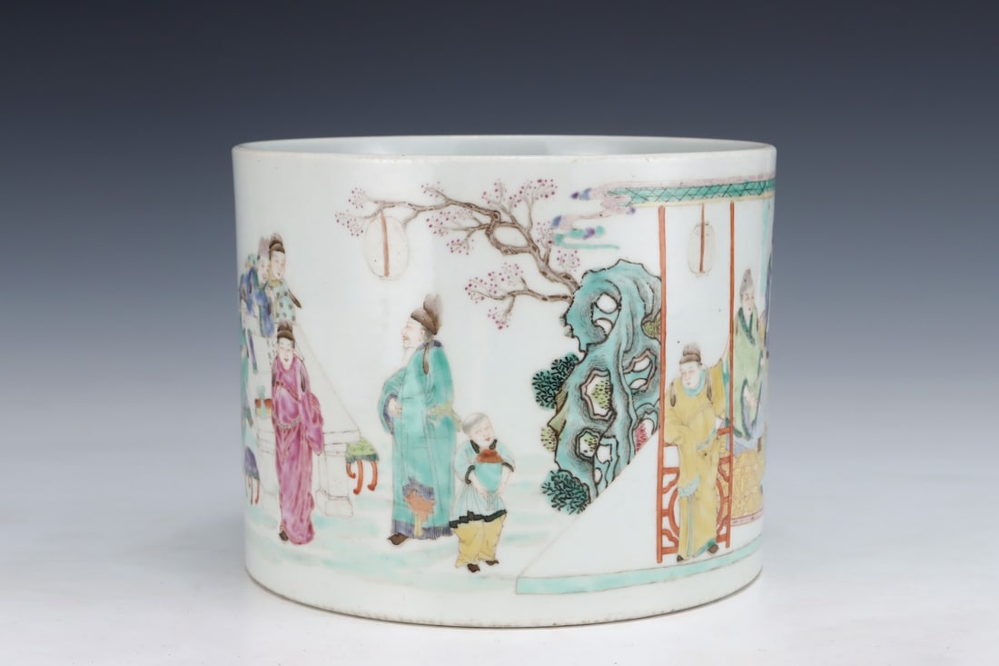 Superb Old Famille Rose Figure Porcelain Brush Pot w Box - 3