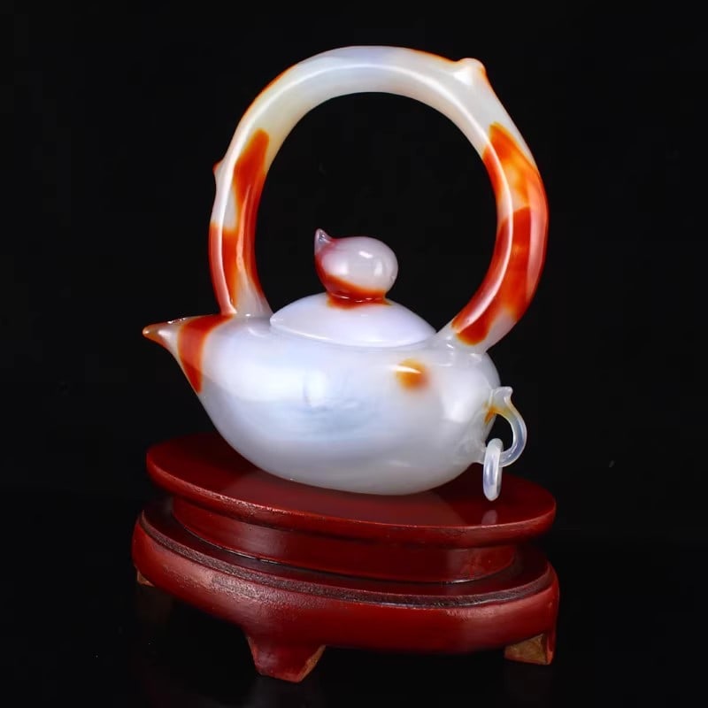Natural White & Red Agate Peach Handle Teapot w Certificate - 4