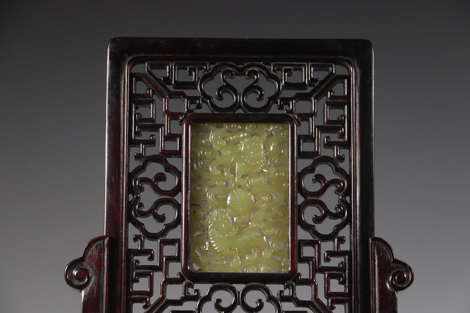 Vintage Redwood Inlay Hetian Jade Lion & Ball Screen Statue - 2