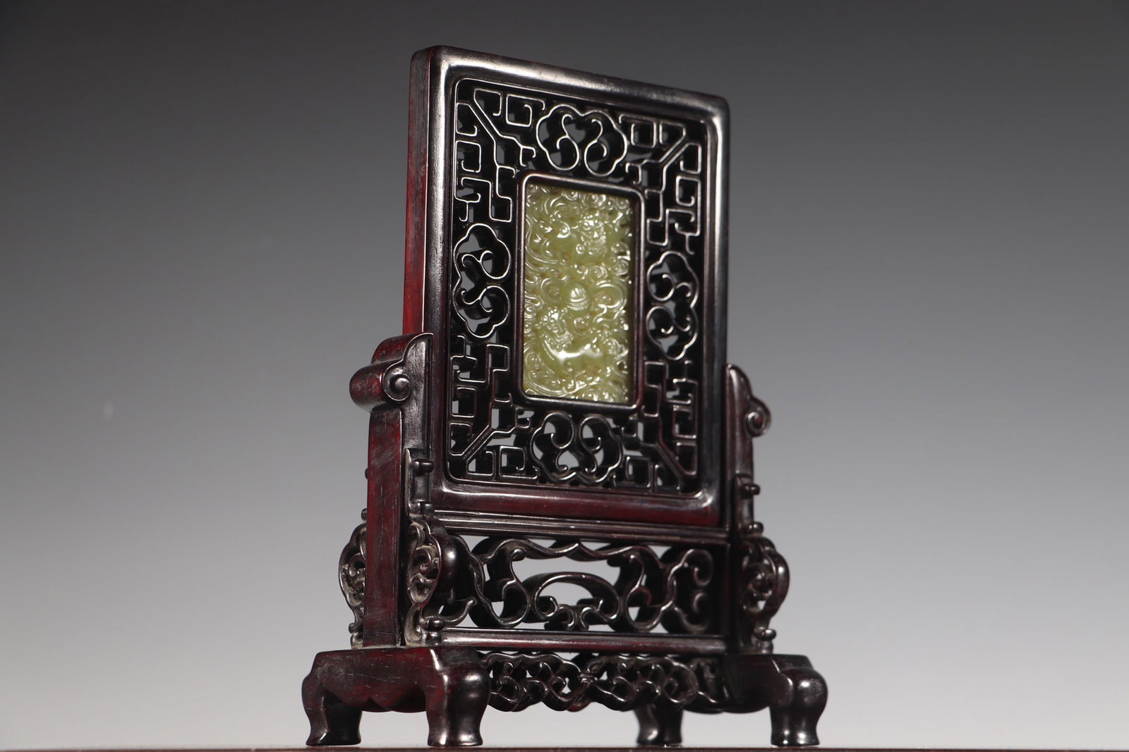 Vintage Redwood Inlay Hetian Jade Lion & Ball Screen Statue - 3