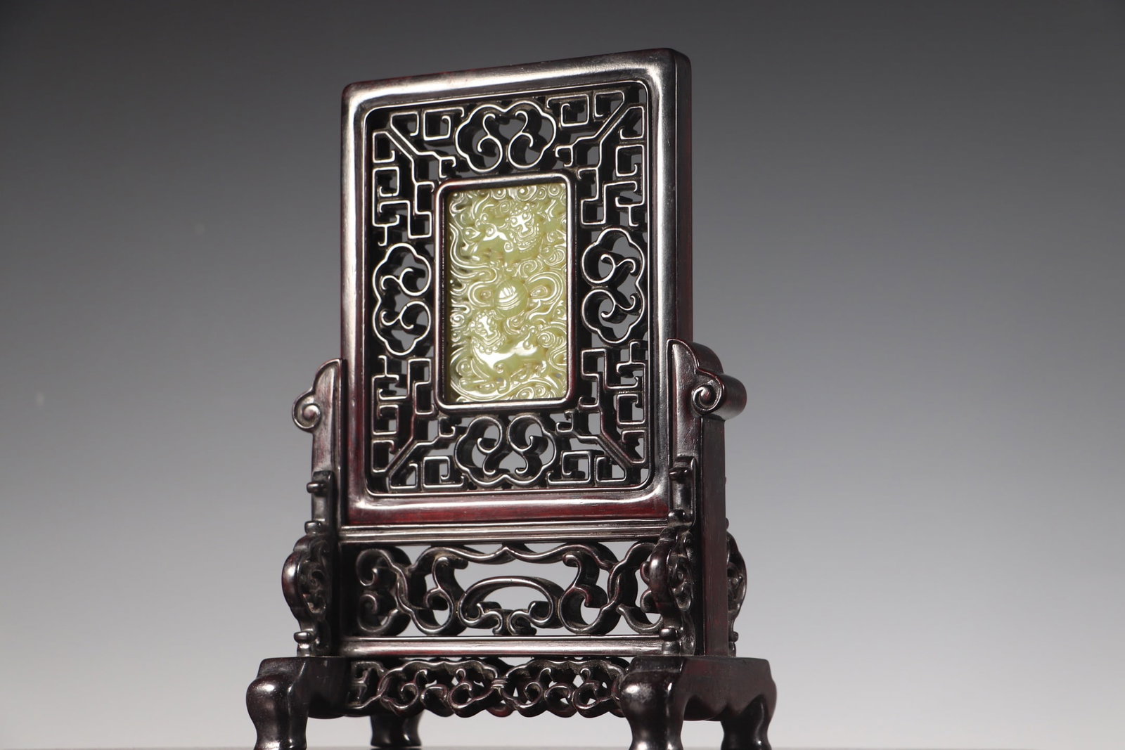Vintage Redwood Inlay Hetian Jade Lion & Ball Screen Statue - 4
