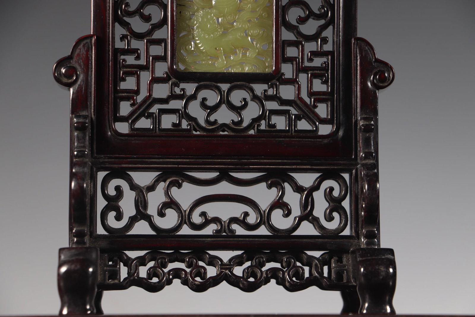 Vintage Redwood Inlay Hetian Jade Lion & Ball Screen Statue - 5