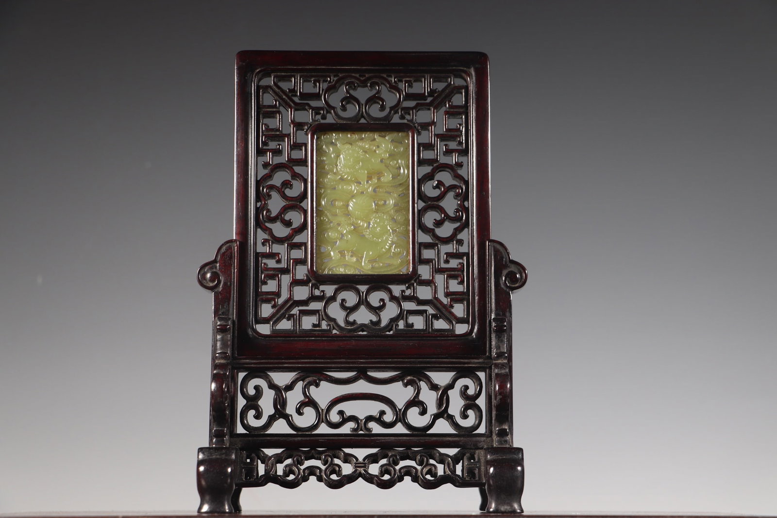 Vintage Redwood Inlay Hetian Jade Lion & Ball Screen Statue - 6