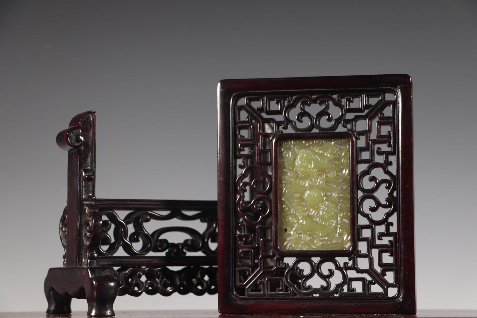 Vintage Redwood Inlay Hetian Jade Lion & Ball Screen Statue - 8