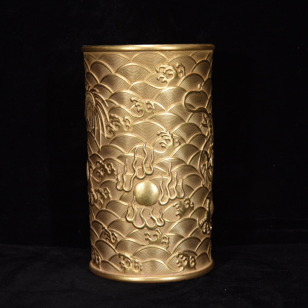 Old Gilt Gold Dragon Porcelain Brush Pot - 3