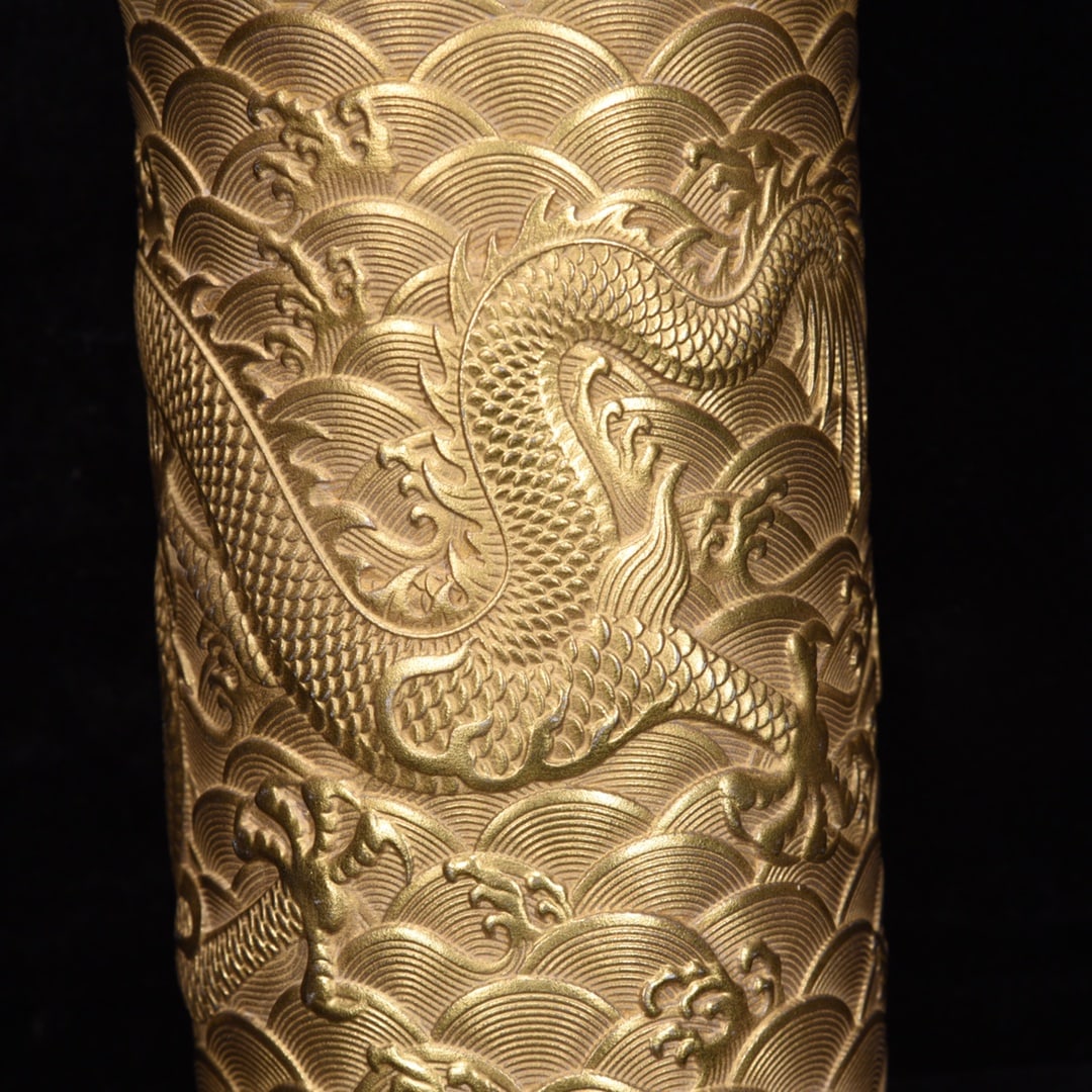 Old Gilt Gold Dragon Porcelain Brush Pot - 5