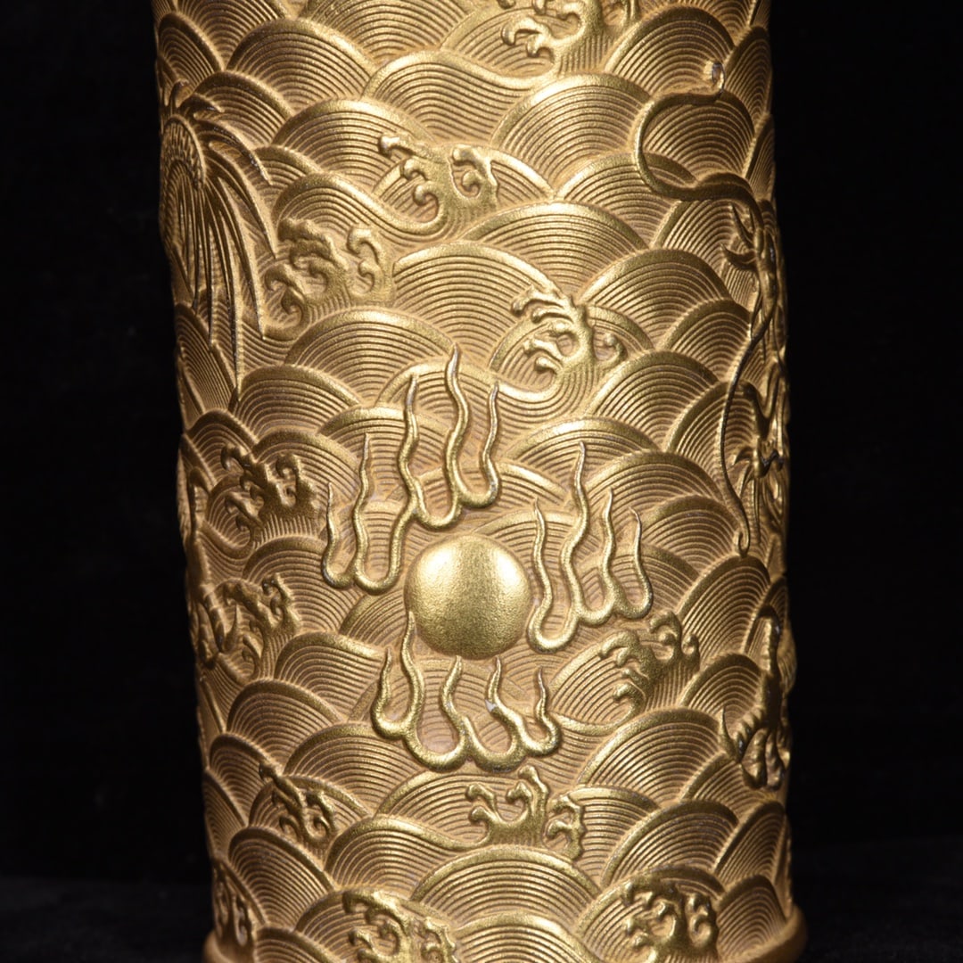 Old Gilt Gold Dragon Porcelain Brush Pot - 6
