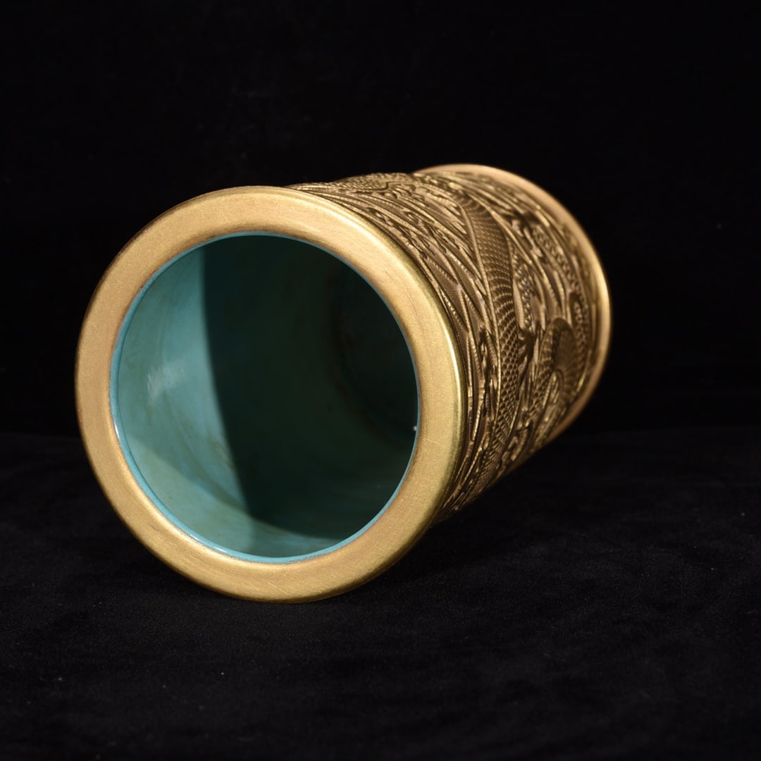 Old Gilt Gold Dragon Porcelain Brush Pot - 8