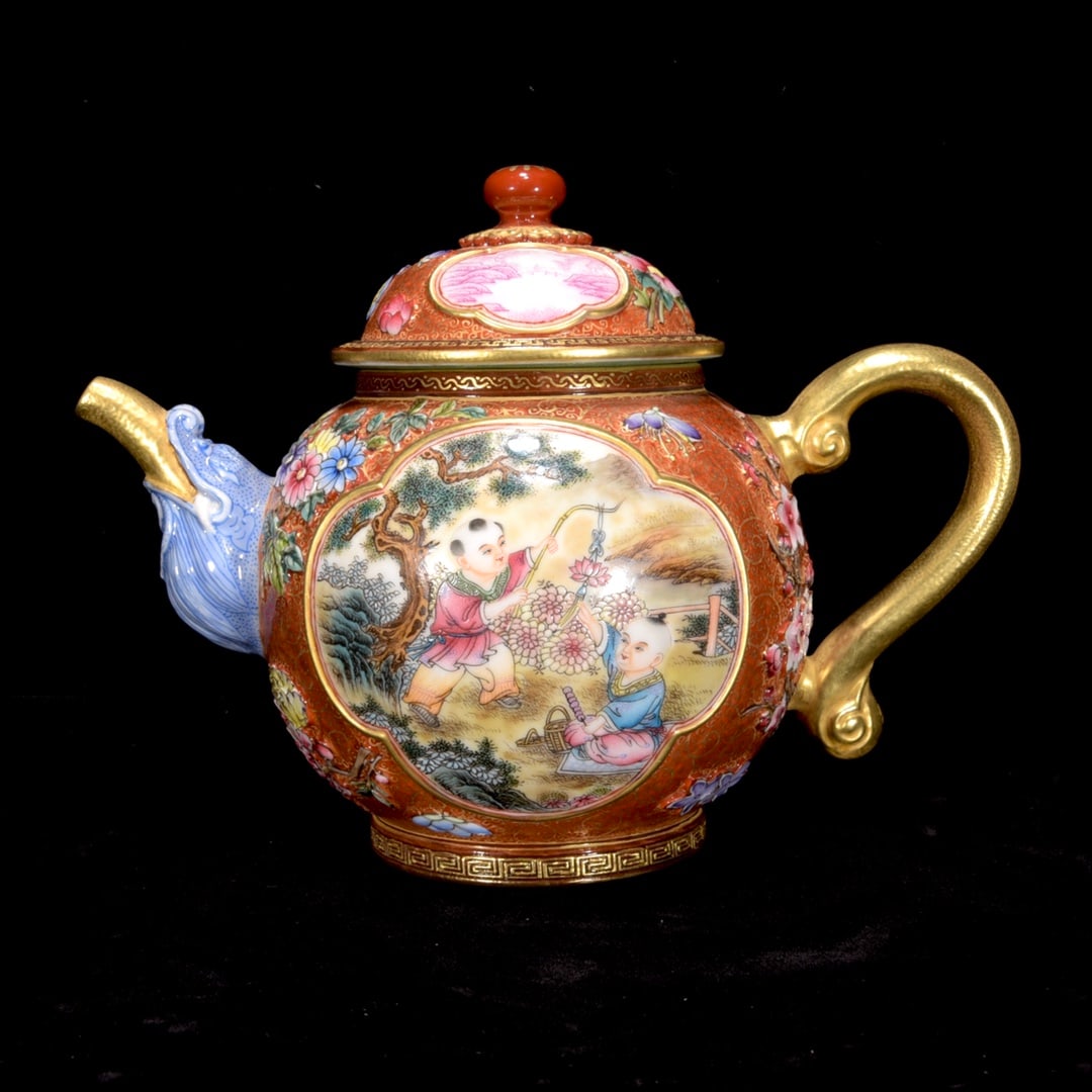 Superb Gilt Gold Famille Rose Porcelain Teapot (1 of 9)