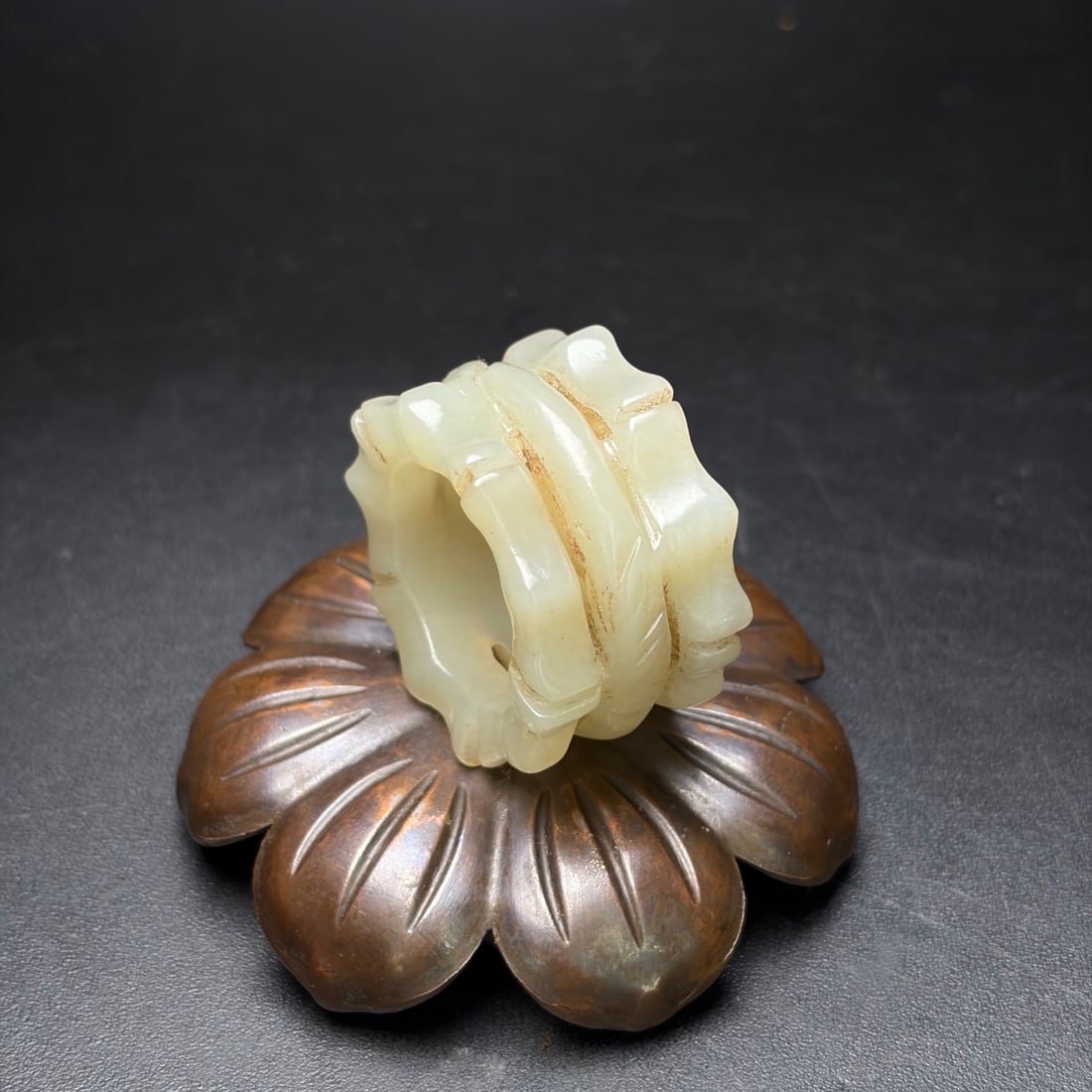 Old Hetian Jade Carved Bamboo Thumb Ring 21.5mm I.D. - 2